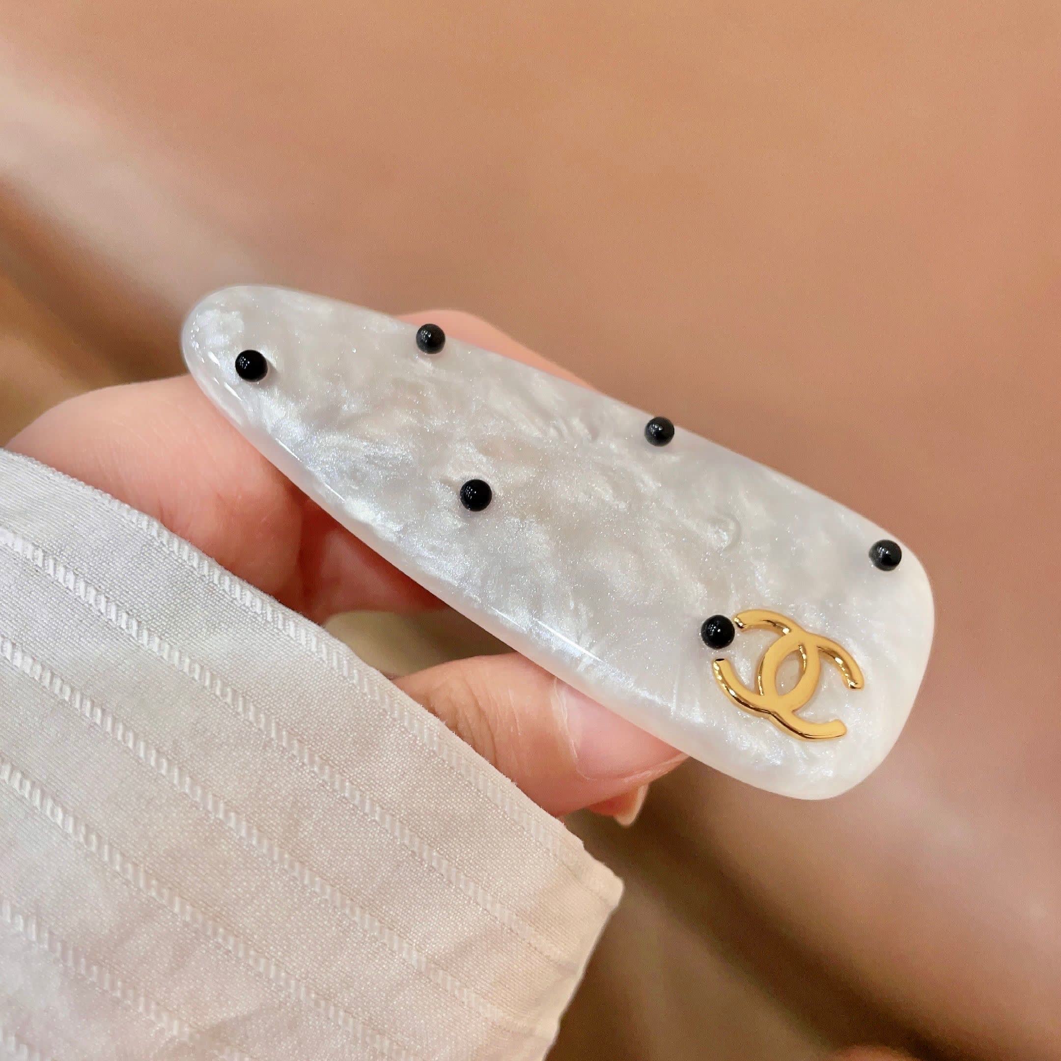 Chanel White Pearl Hair Clip with Gold CC Logo